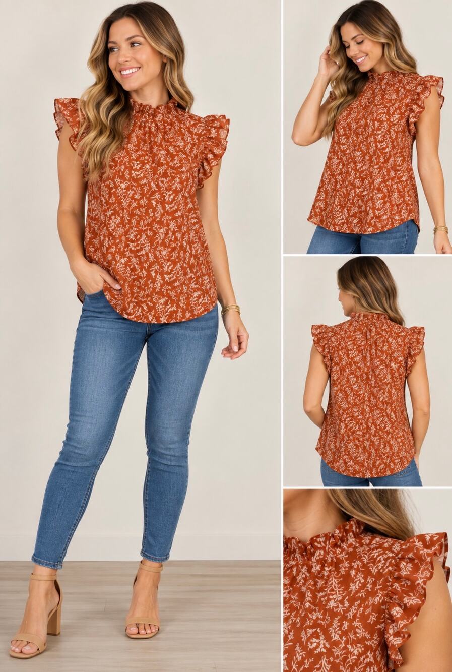 LOFT Floral Ruffle Sleeve Blouse Burnt Orange Boho Cottagecore Top M